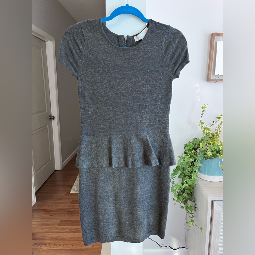 LOFT Gray Short Sleeve Wool Blend Peplum Mini Dress - Picture 1 of 6